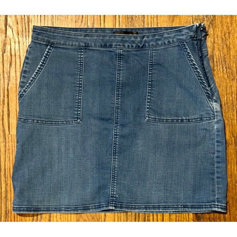 Prana Skirt Blue Denim Stretch Side Zip Kara Casual Organic Front Pockets Sz 10